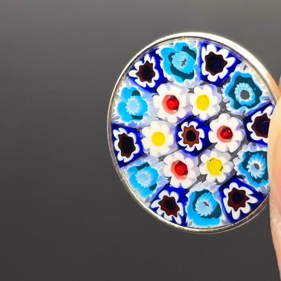Murano Glass Millefiori Pendant 1" Sterling Silver Blue White Italy Signed PD - Picture 6 of 9